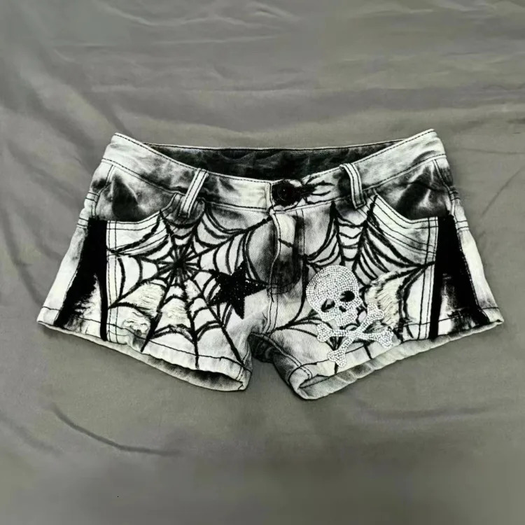 Street Punk Spider Web Printed Diamond Skull Star Denim Shorts Sexy Low-waisted Short Panrts Summer Jeans for Women 250303