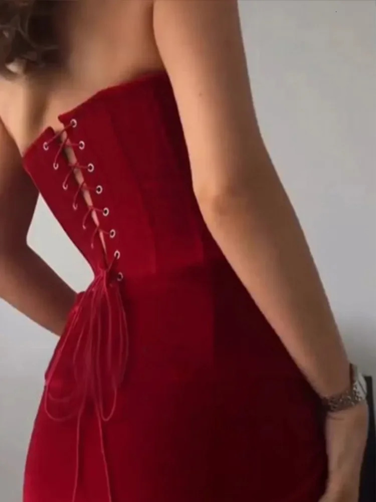 Red Strapless Velvet Knot Dress, Back Lace Up, Waist Cinching, Party & Evening Wear C260312