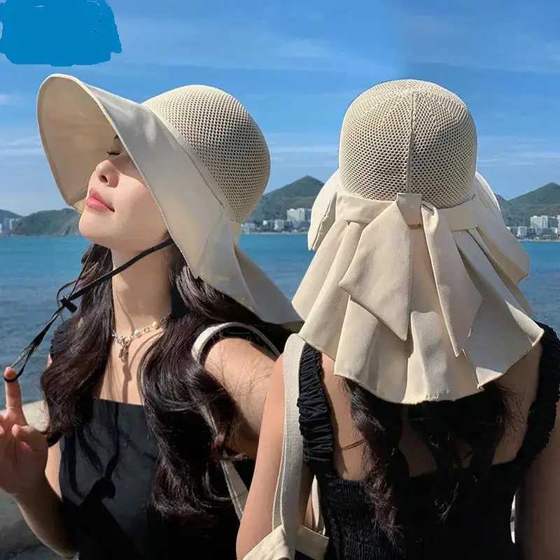 Women Hat Summer Bucket Hat With Shl Lightweight Breathable Mesh Face Neck Protection Sun Hat Bow Big Brim Travel Beach HatXJ250304