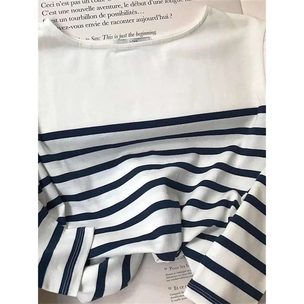 Women T-Shirts Side Buttons Slit Classic Stripes O-Neck Long Sleeve 2025 Early Spring Ladies Casual Tshirt