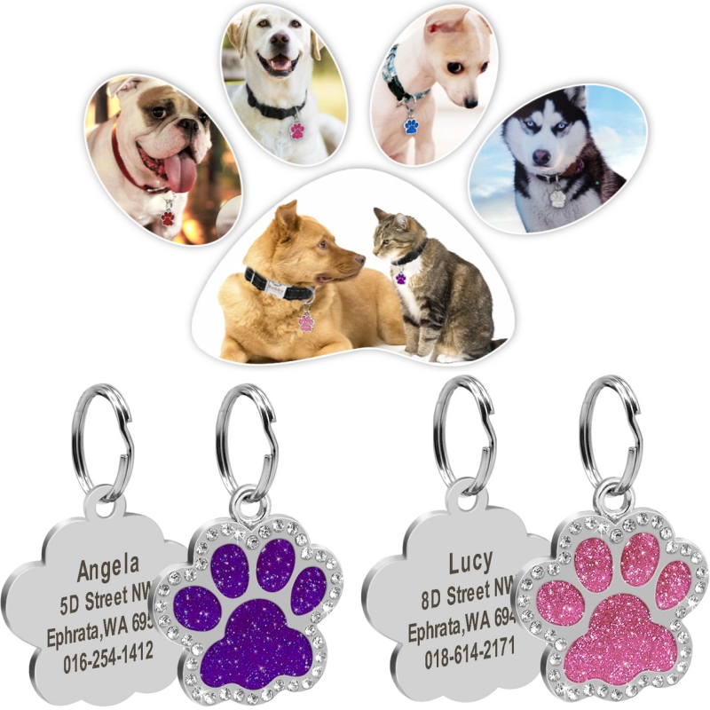 Personalized Dog Cat CustomTags Engraved Puppy Pet ID Name Collar Tag Stainless Steel Paw Glitter Pendant Pets Dogs Accessories