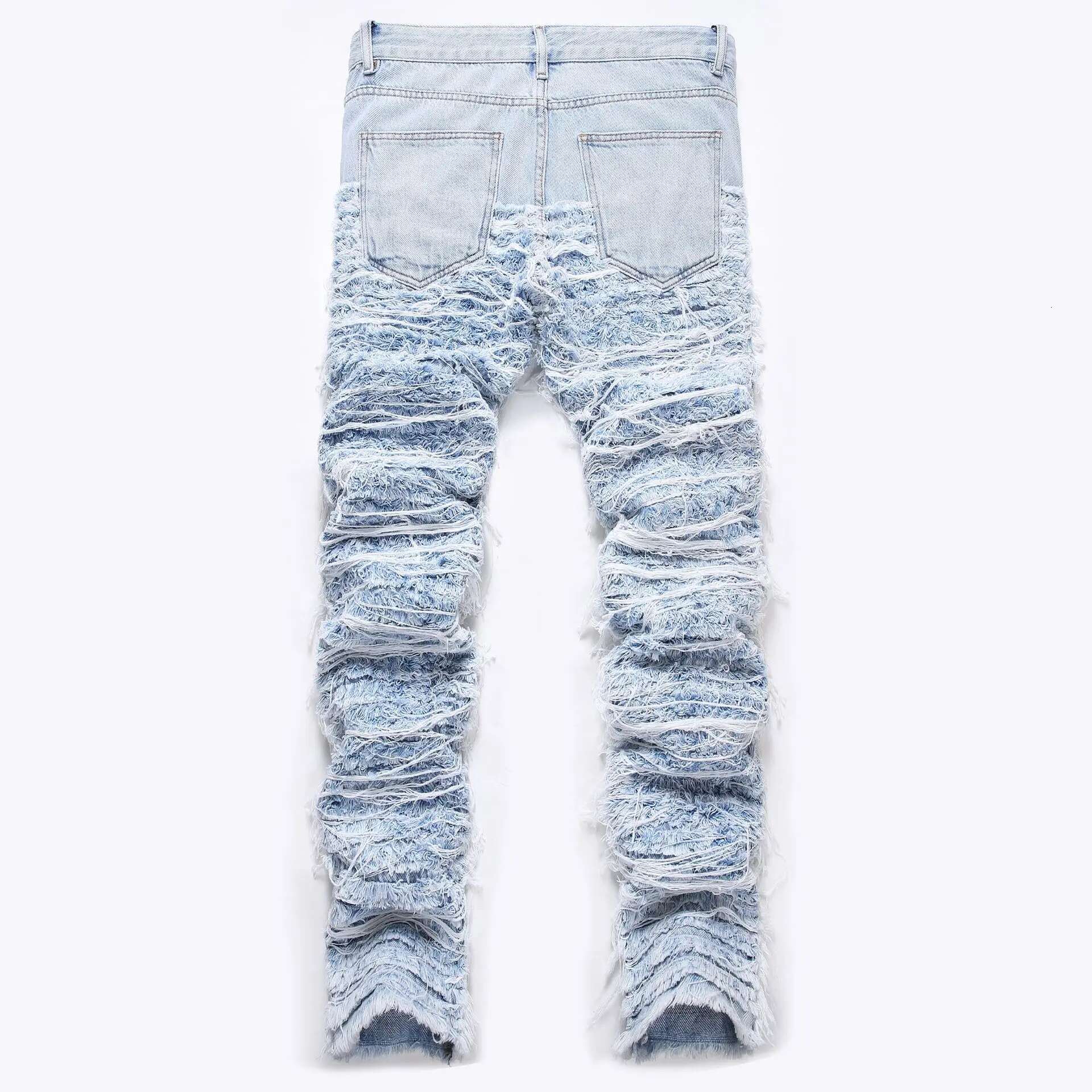 Men's Heavy Industry Fringed Jeans, Street Trendy Stacked Loose Pants Embroidered Cut Hair Denim Trousers