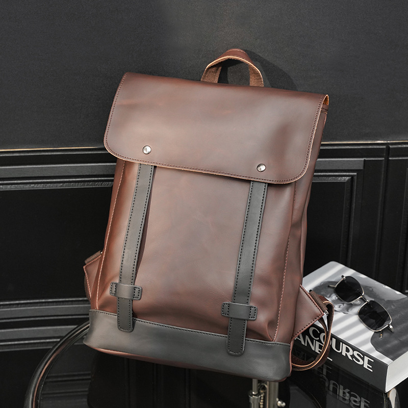 Designer Designer Men's Korean Version Trendy College Style Middle School Student Casual Crazy Horse Leather Backpack