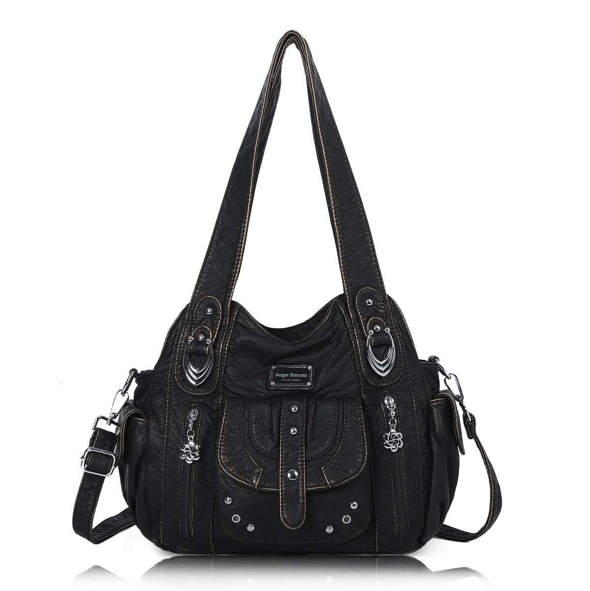 Angelkiss Fashion PU Shoulder Casual Black Hobo Handbag Satchel Large Vintage Women's Bag Cell Phone Pocket Purse