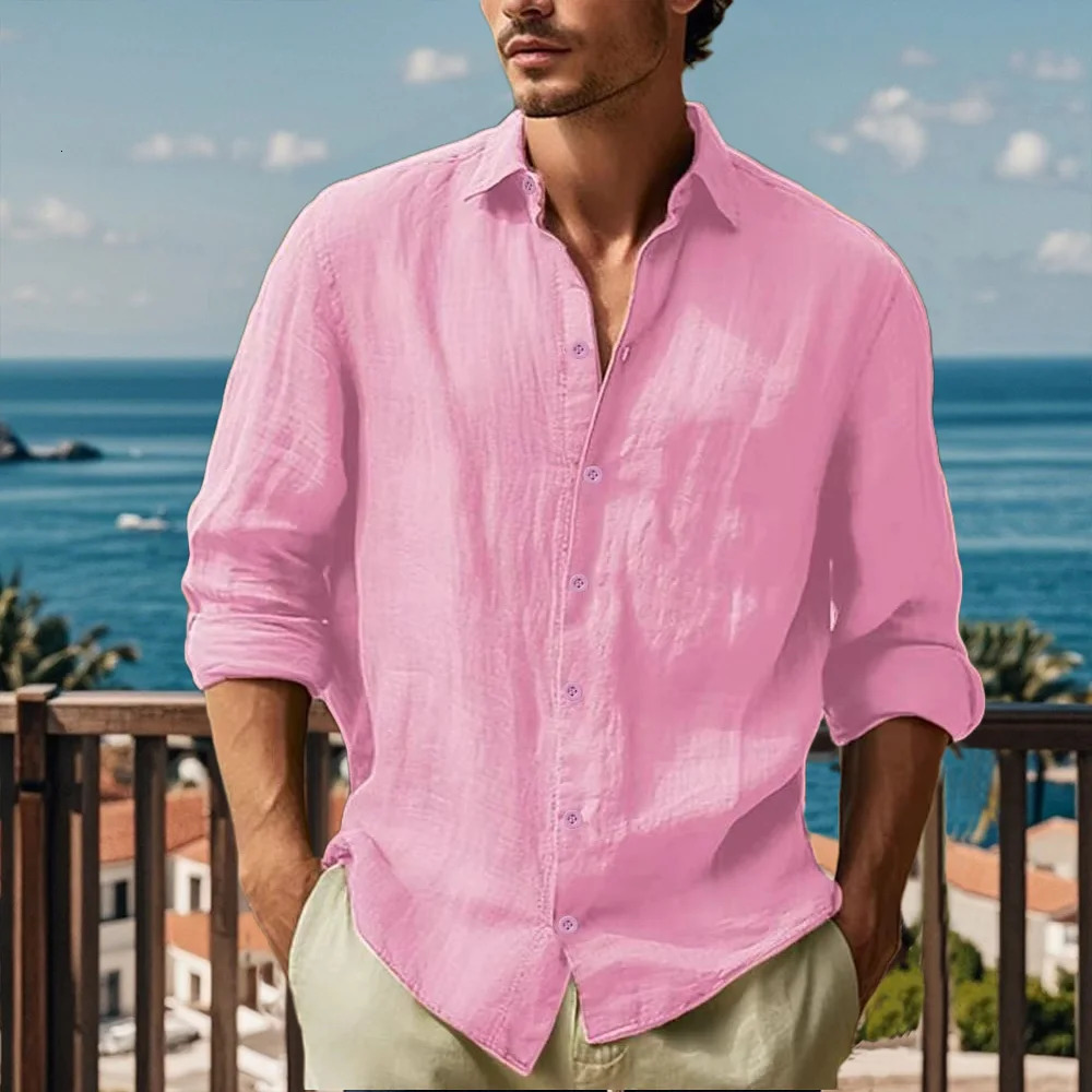 Mens Cotton Linen Solid Long Sleeve Shirt Turn Down Collar Hawaiian Lightweight Breathable Shirt Casual Male Cozy Streetwear 250227