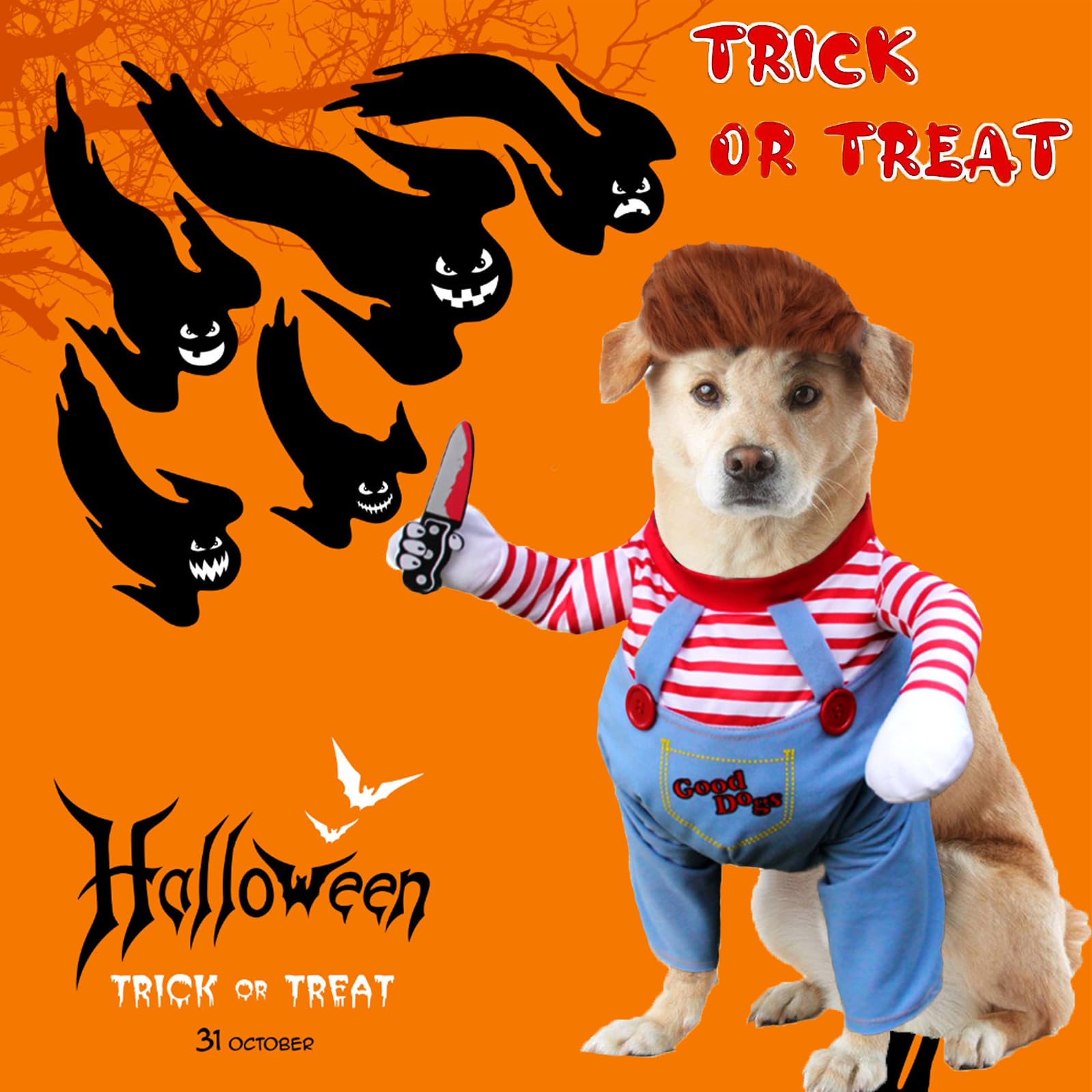 Pet Deadly Doll Dog Costume, Funny Halloween Chucky Costumes Cute Dog Clothes Party Cosplay Costume for Small Medium Large Dogs Cats Puppy