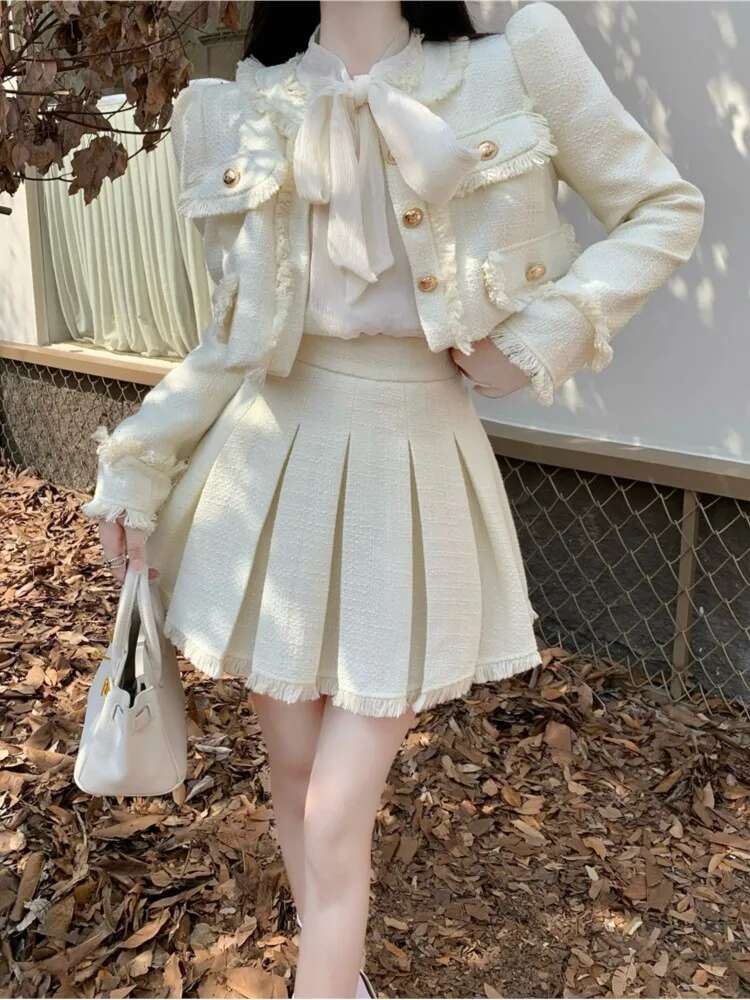 Spring New French Vintage Tweed Two Piece Set Women Short Jacket Coat + Pleated Skirt Suits Korean Ladies Outfits