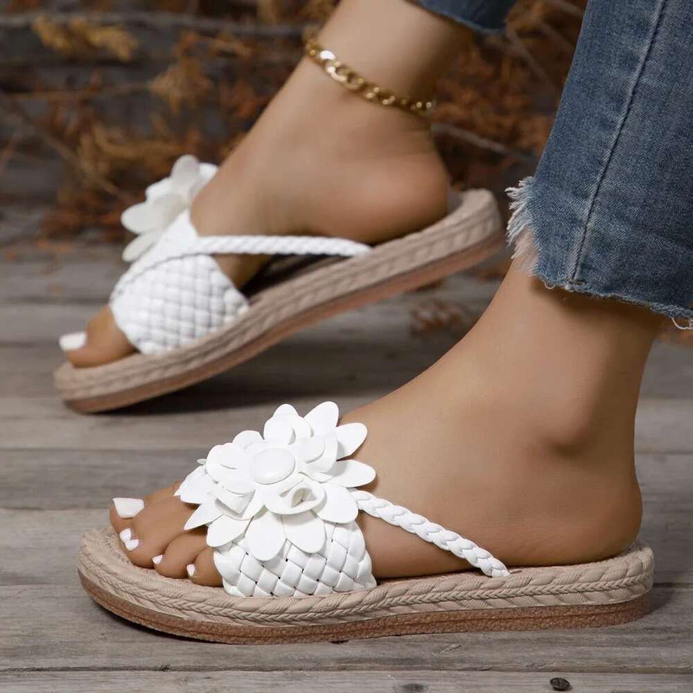 Braided Summer ral Flat Slippers Classics Solid PU Leather Women Non Slip Flip ps Soft Comfortable Beach Sandals Femme