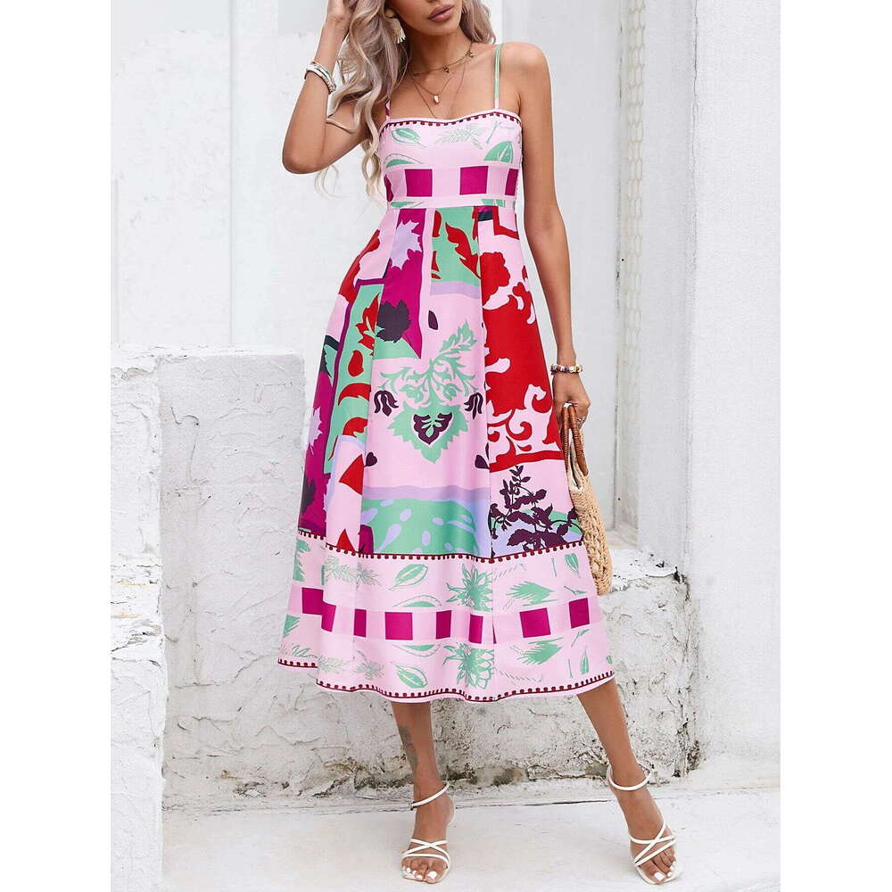 Summer Women's Sexy Positioning Printed Strap Sleeveless Swing Dress 2025 New Style Elegant Clothing