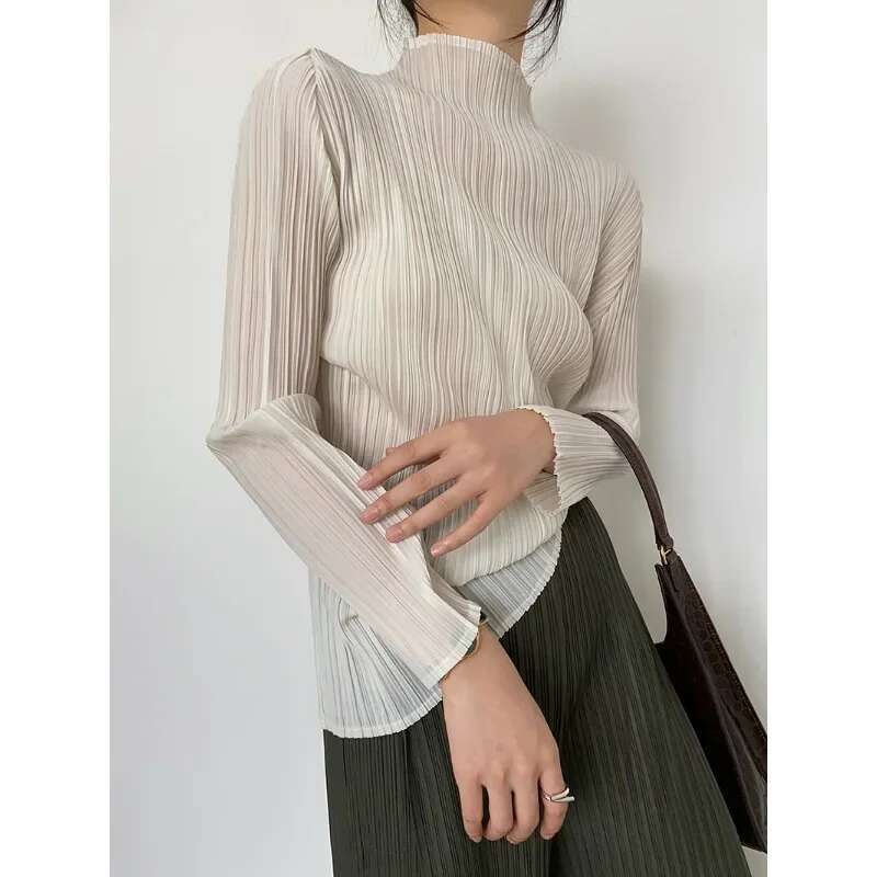 GGHK Miyake Pleated Women Shirt Tops Fashion Designer New Comfortable Causal Long Sleeve Turtleneck T-Shirt Aesthetic Clothing