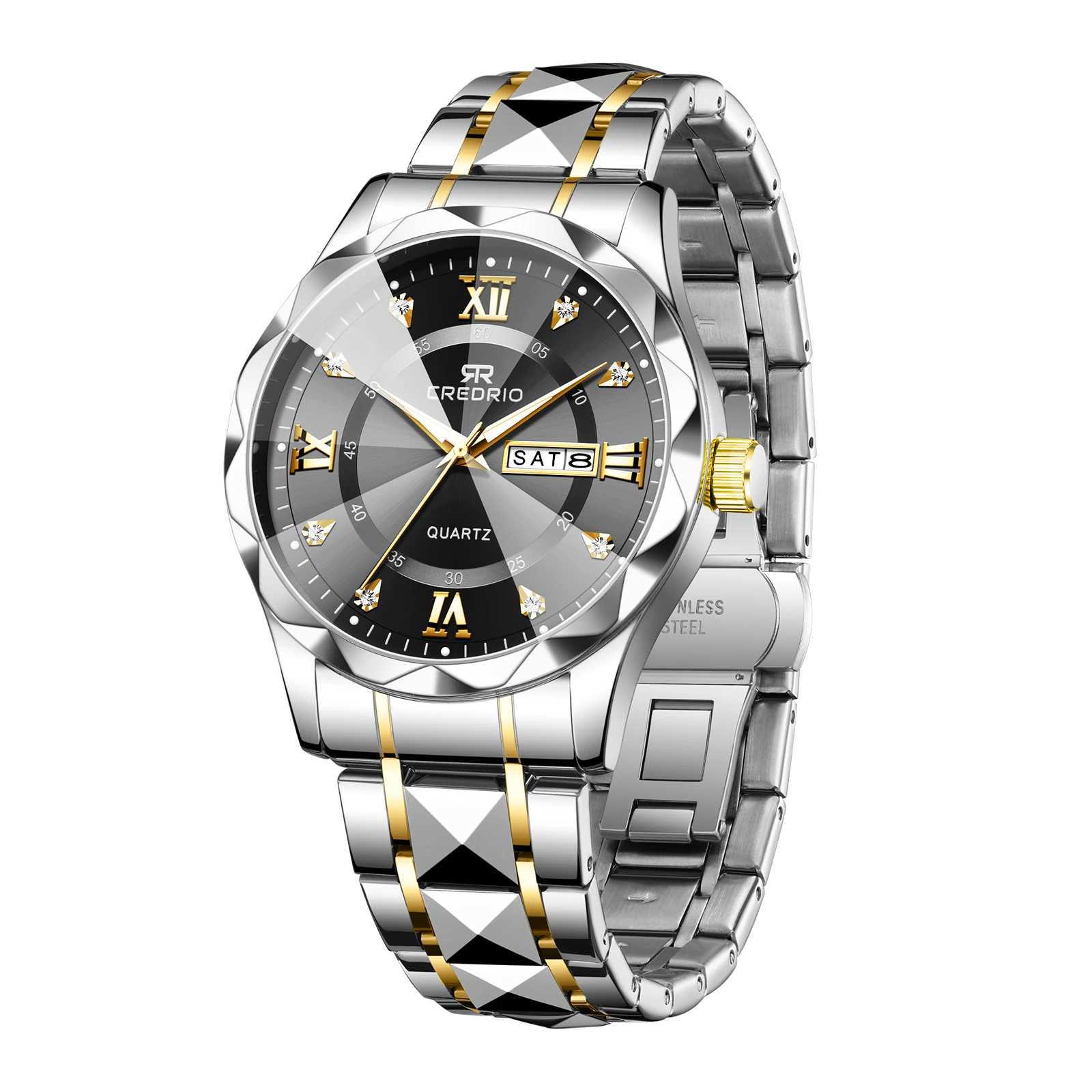 Mens Ice Rhinestone Luxury Luminous Waterproof Double Calendar Week Quartz Movement Stainl Steel Fashion BusinessXJ250304