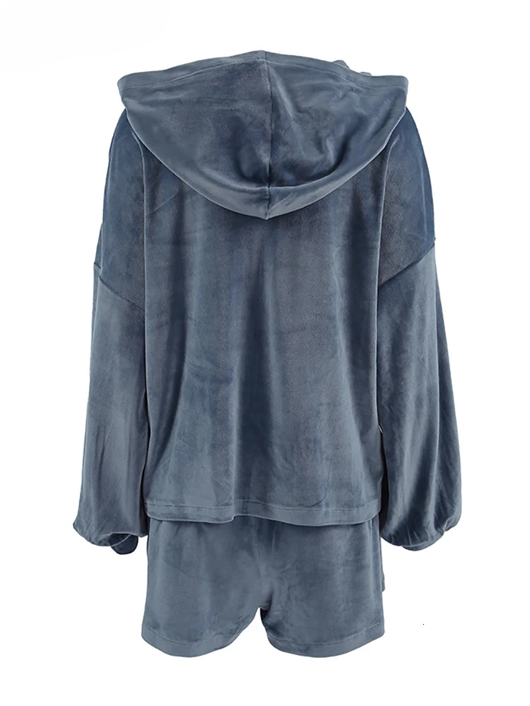 Blue Sporty Women Knitwear Sets Autumn Sweater Hooded And Drawstring Shorts 2 Pieces Suits Knitting Suit