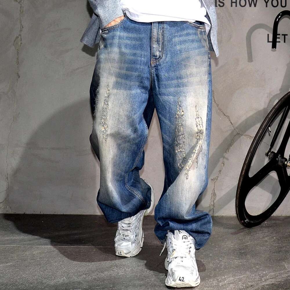 High Quality Fashion Distressed Scratch Ripped Baggy Jeans For Men Dirty Blue Denim Cargo Pants Streetwear Skateboard Trousers