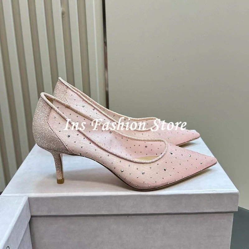 Sequins White Mesh Pointed Toe High Heels Wedding Crystal Pumps Woman Stilettos 8CM 6CM Dress Party Celebrity Shoes 250228