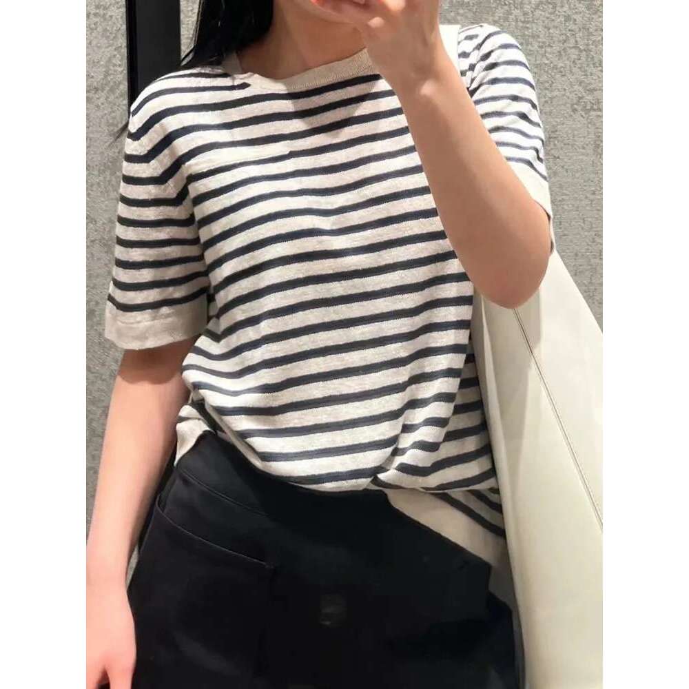 Women Front Pocket Knit Tshirt Stripes 100% En Casual 2025 Summer O-Neck Short Sleeve Knitted Tee For Female