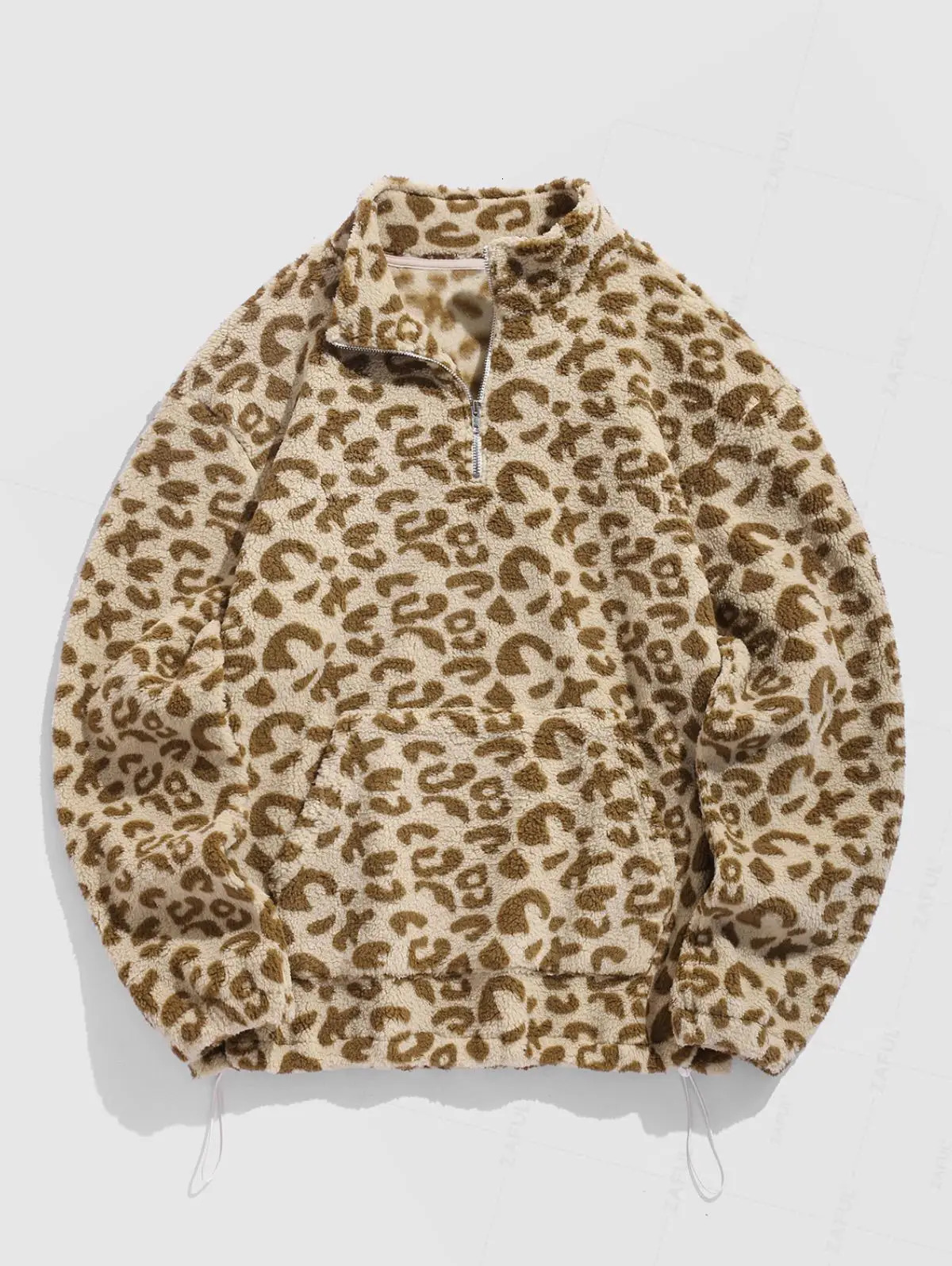 Mens Faux Fluffy Sherpa Fleece Leopard Pattern Half Zip Stand Collar Kangaroo Pocket Pullover Sweatshirt 250304