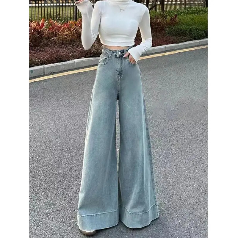 American Retro High-Waist Skiny Flare Pants Wide-Leg Long Jeans Womens Autumn Denim Long Trousers High Street Streetwear 250228