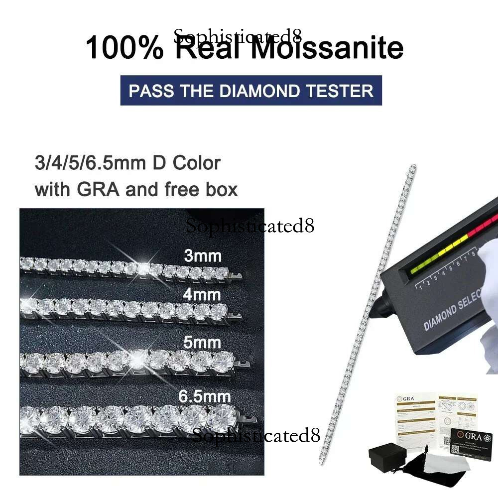 2-6.5mm Real Moissanite Tennis Bracelets for Women Man Sterg Sier Plated White Gold Bracelet Sparkg Wedding Jewelry