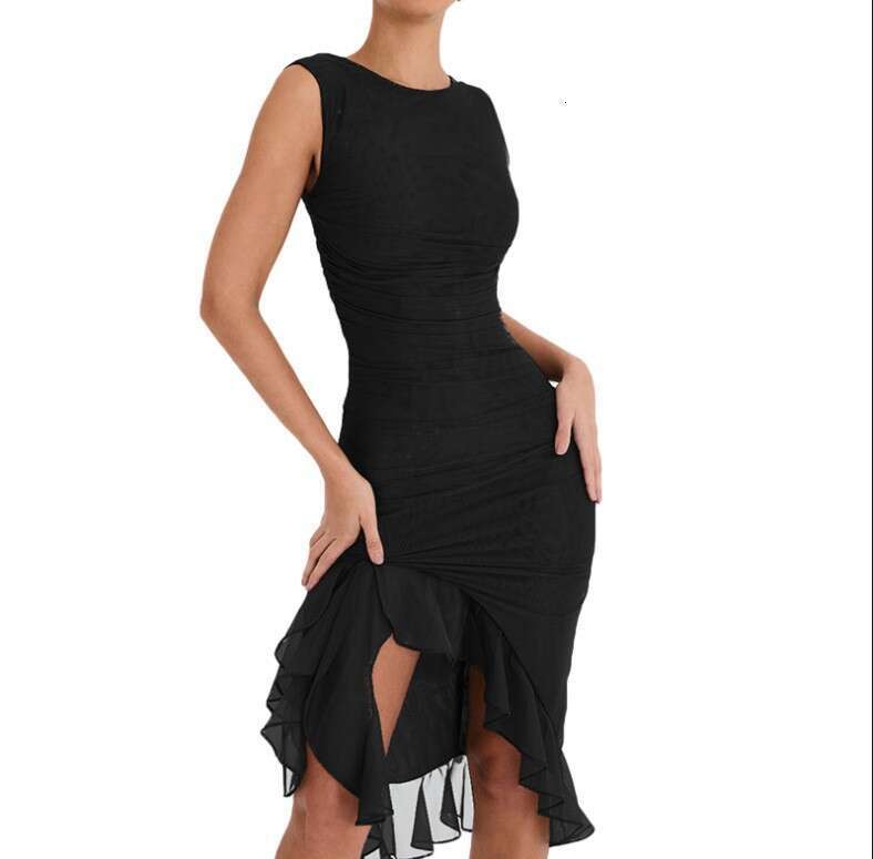 Summer Round Collar Sleeveless Fashionable Hot Selg Sexy Tight Back Fold Middle Long Dress 2025 New Casual Versatile Fashion Clothing