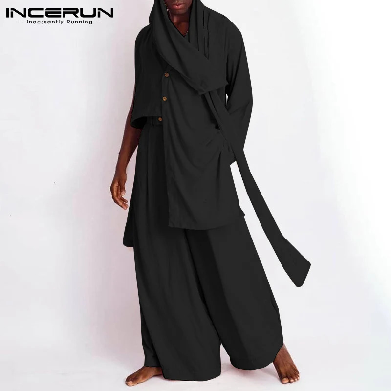 Stylish Mens Solid All-match Sets Irregular Hem Sleeve Shirts Loose Pants Casual Muslim Style Suit 2 Pieces S-5XL INCERUN 250303