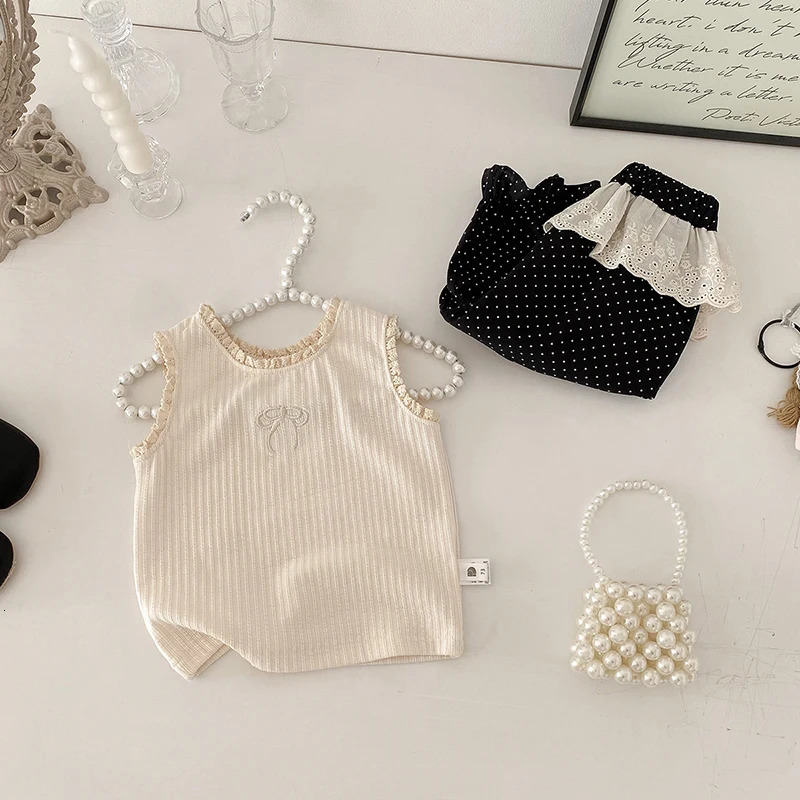 Summer Dot Print Pants for Girls Lace Patchwork Baby Childrens Shorts Versatile Matching Vest Thin Coat Kids Clothing 250304