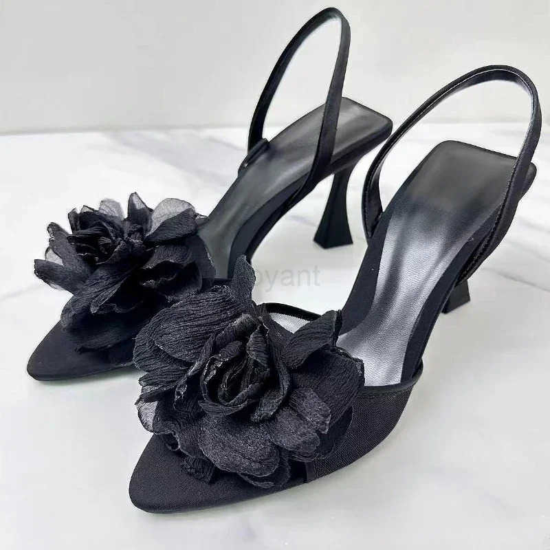 Mesh Flower Designer High H Wen 2025 New Open Toe Elegant Sandals Fem Black Designer Slingback Shoes Sandalias De Mujer Z250304