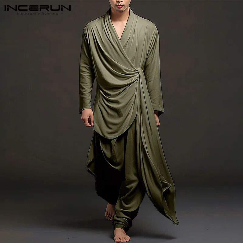 INCERUN Men Irregular Sets Solid V Neck Long Sleeve Lace Up Shirt Pants Two Pieces Sets Streetwear Men Casual Suits S-5XL 250303