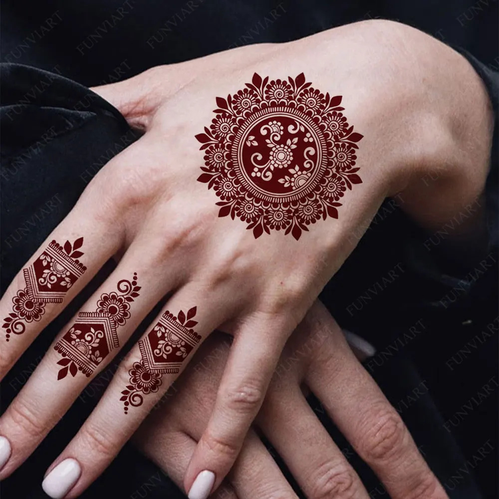 Waterproof Brown Henna Tattoo Stickers for Women Temporary Tattoos Hand Flower Wedding Festival Body Art 250219