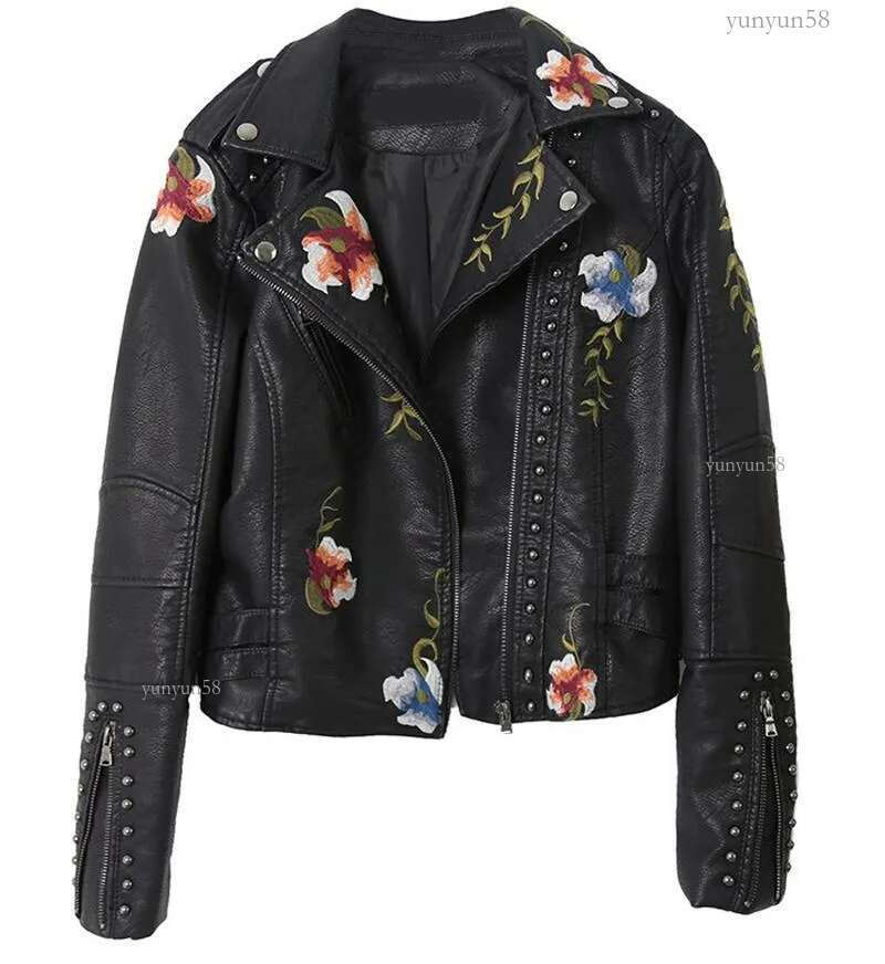 2021 Women's Jackets Women Floral Print Embroidery Faux Soft Leather Jacket Coat Turn-Down Collar Casual Pu Motorcycle Black Punk Oute