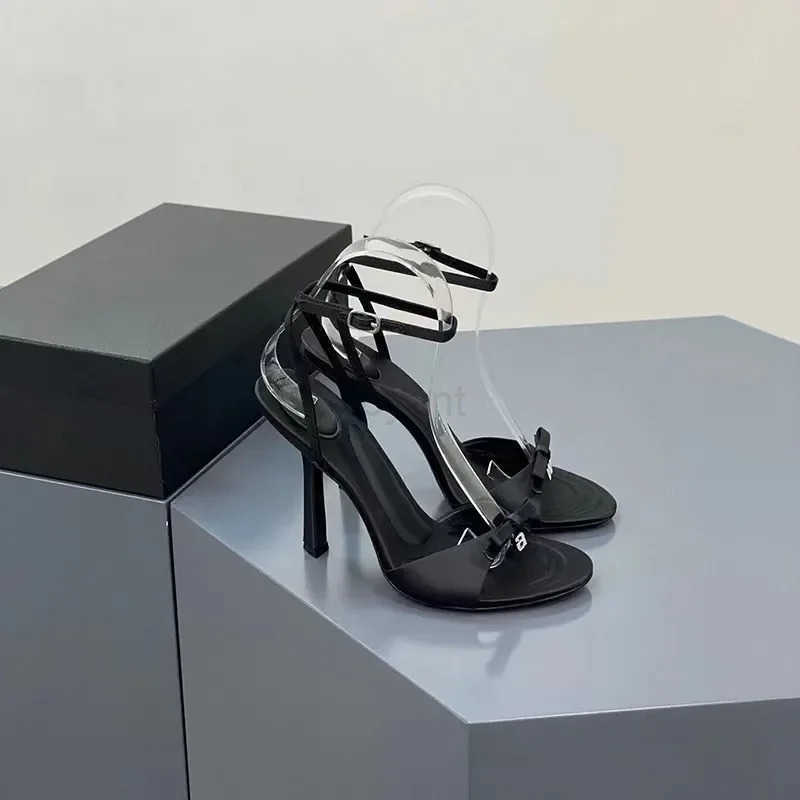 New Summer Bow Satin H Feminine Rhine Letters Stiletto H Open-toe Sandals Black wens shoes sandals Z250304