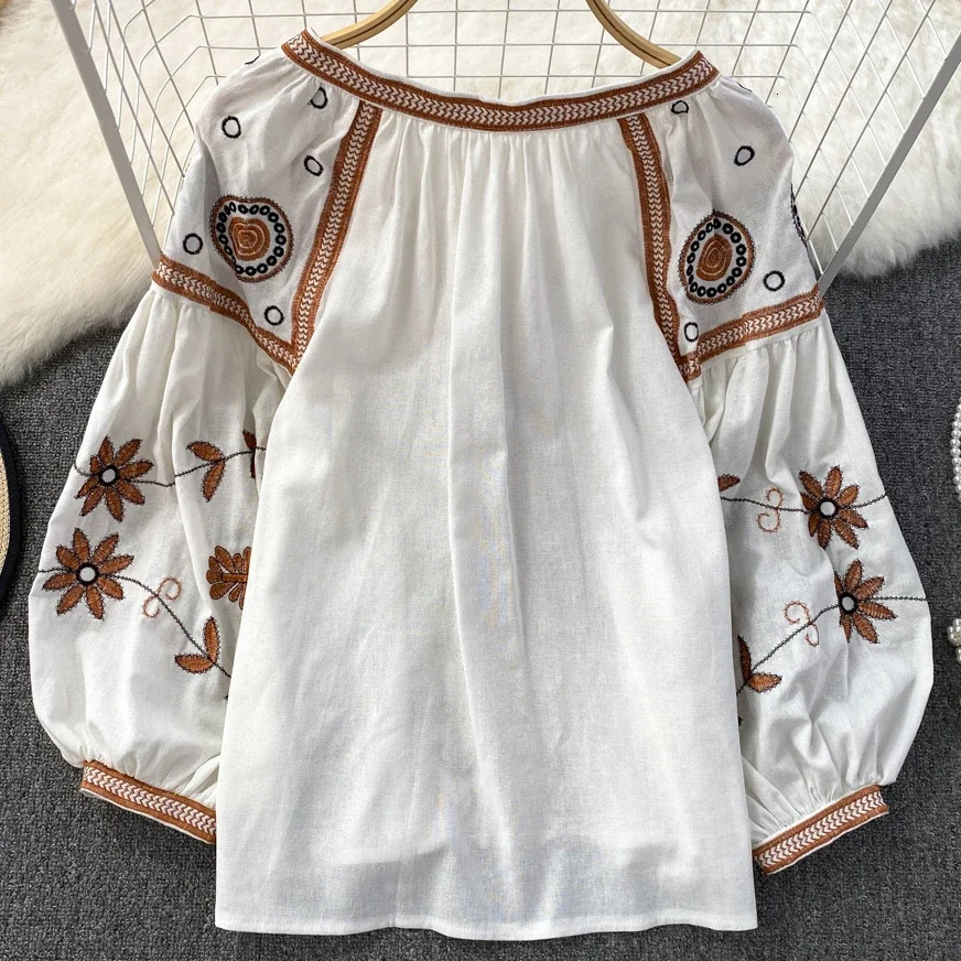 TEELYNN Vintage Long Sleeve Blouses Shirts Women Tops Casual Cotton Linen Floral Embroidery Loose Blouse Summer Boho Beach Blouse 250228