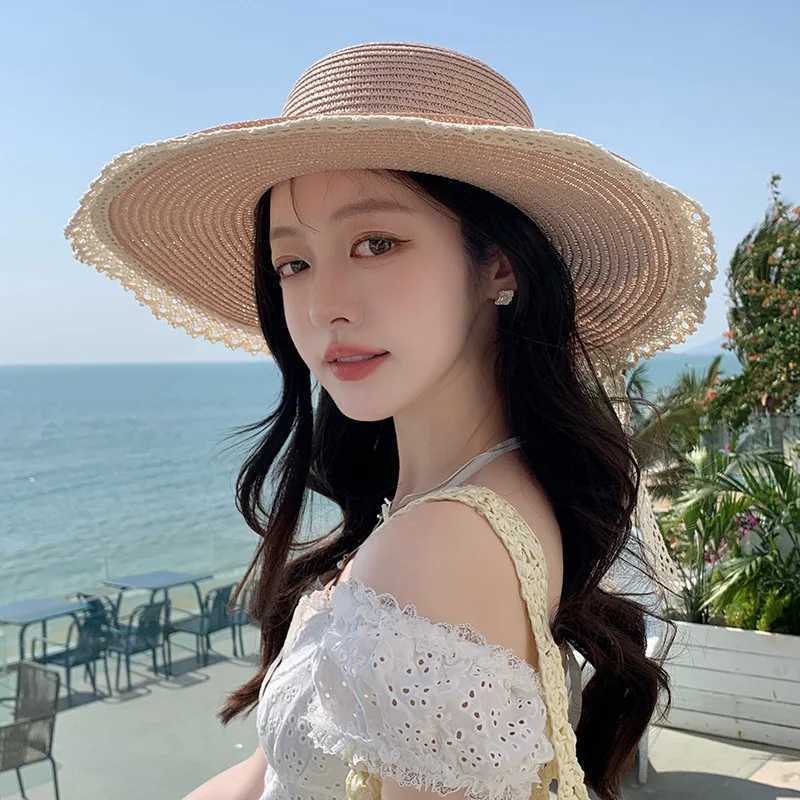 Summer Womens Sun Hat with Lace Brim and Bow Decoration Wide Brim Woven Design UV Protection Polyester Shade HatXJ250304