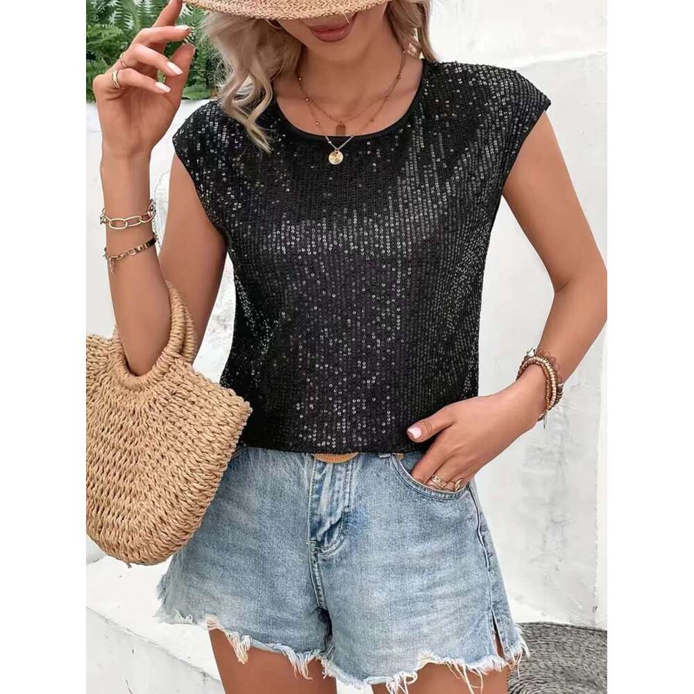 New style loose fitting casual fashion party round neck sleeveless top women's sequin T-shirt