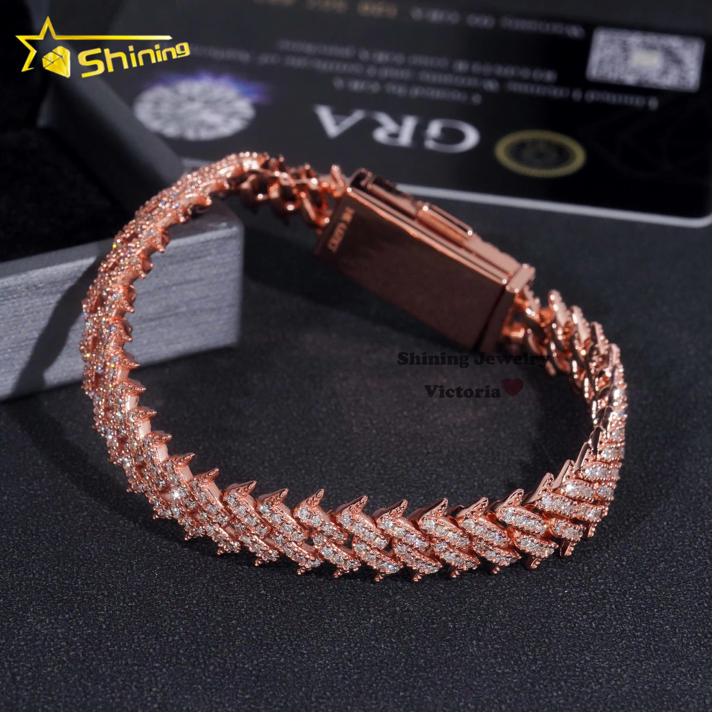 Hot Sale Soild Sier Rose Gold Plated Hip Hop Necklace 10MM VVS Moissanite Dia Spike Cuban k Chain