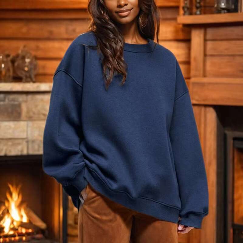 Custom Autumn And Winter New Women's Street Solid Color Casual Round Neck Loose Cotton Pullover Hoodie