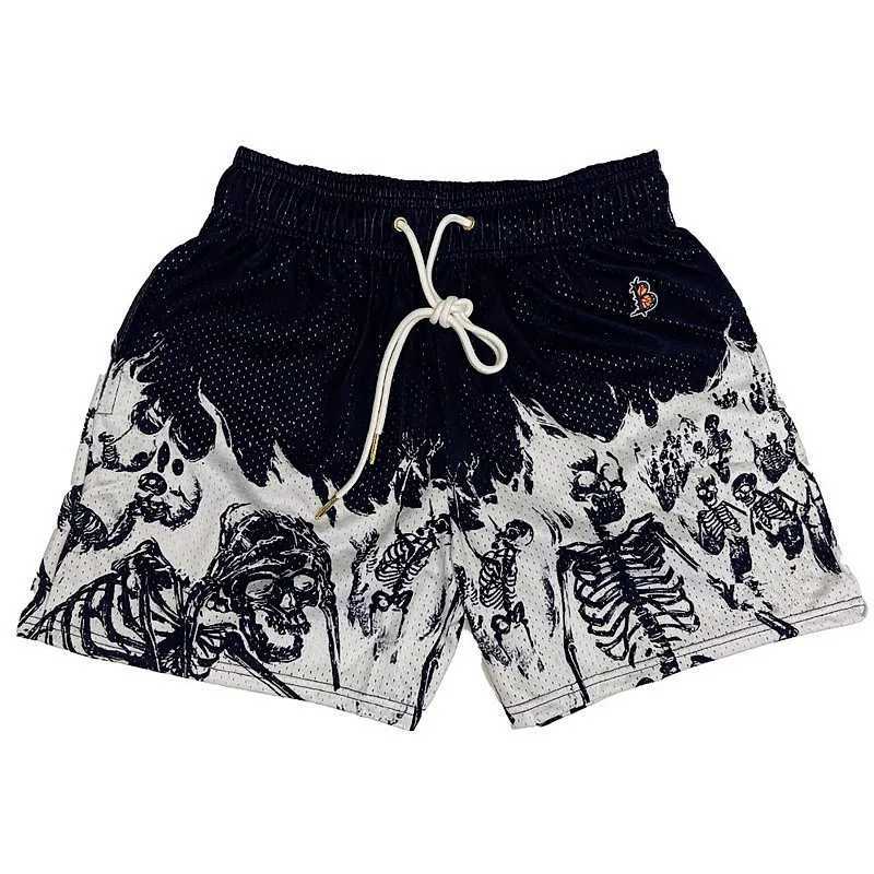 Summer New men short pant Skull Pattern Casual Shorts Street Hip Hop Fitness Polyester Fast Dry Breathable Embroidery Men ShortsT250304