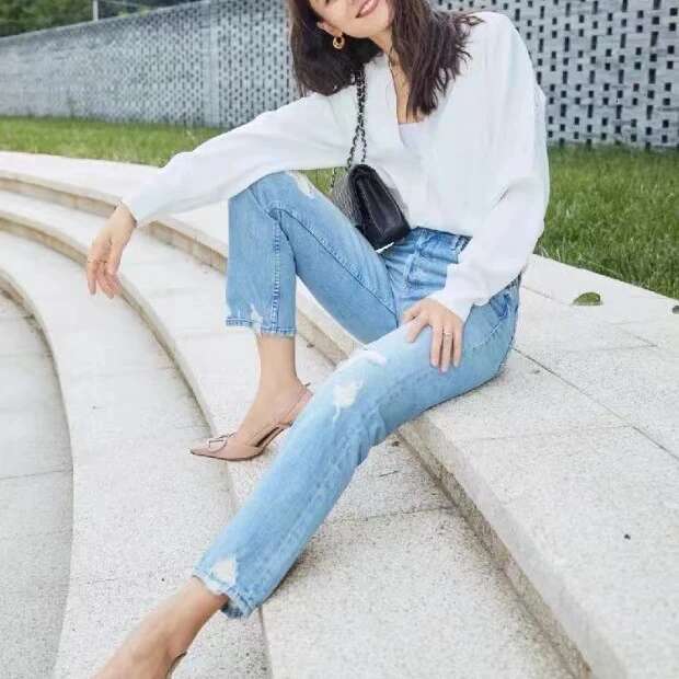 Quality Women's High Waist Distressed Retro Jeans Casual Fashion Ankle-Length Denim Pants 2024 New