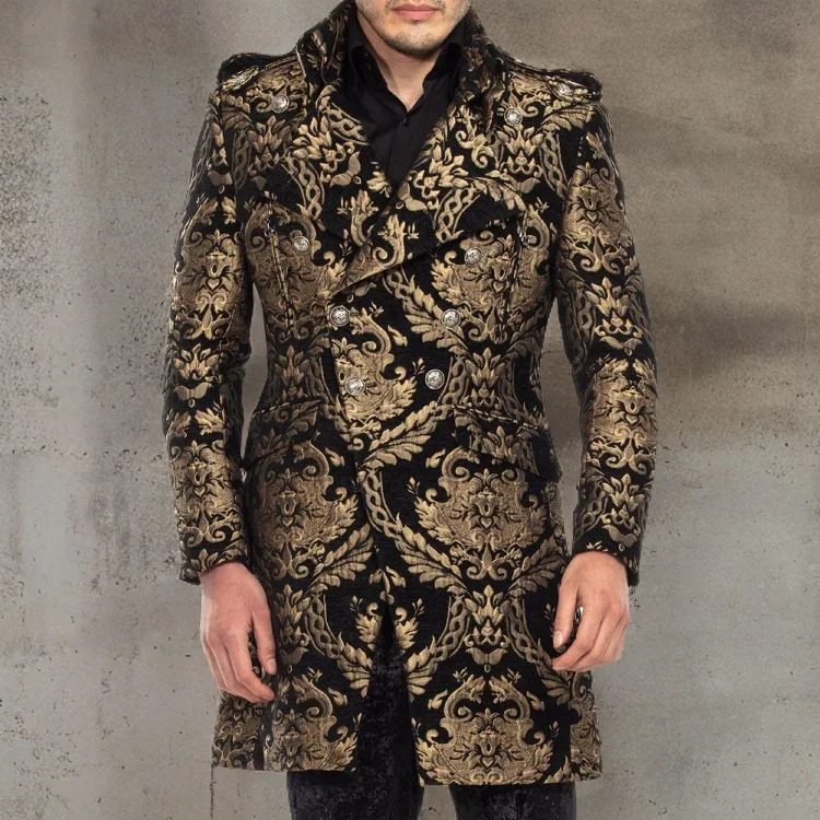 Long Floral Suit Jacket for Men Notch Lapel Double Breasted Jacquard Male Blazer Fashion Coat 2024 Custom Made 250304