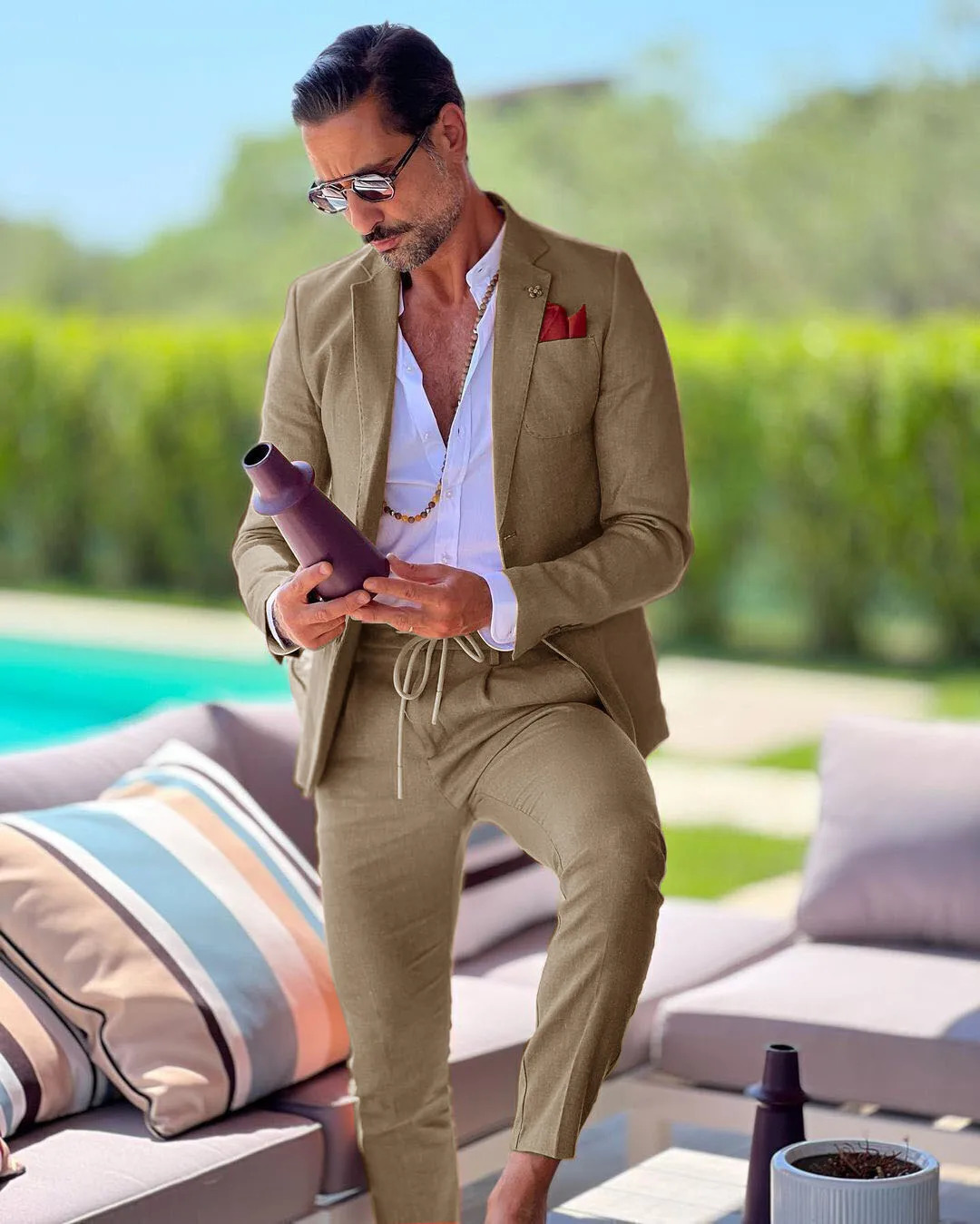Linen single breasted mens suit two-piece summer jacket pants slim fit casual business wedding groom tailcoat formal work wear 250303