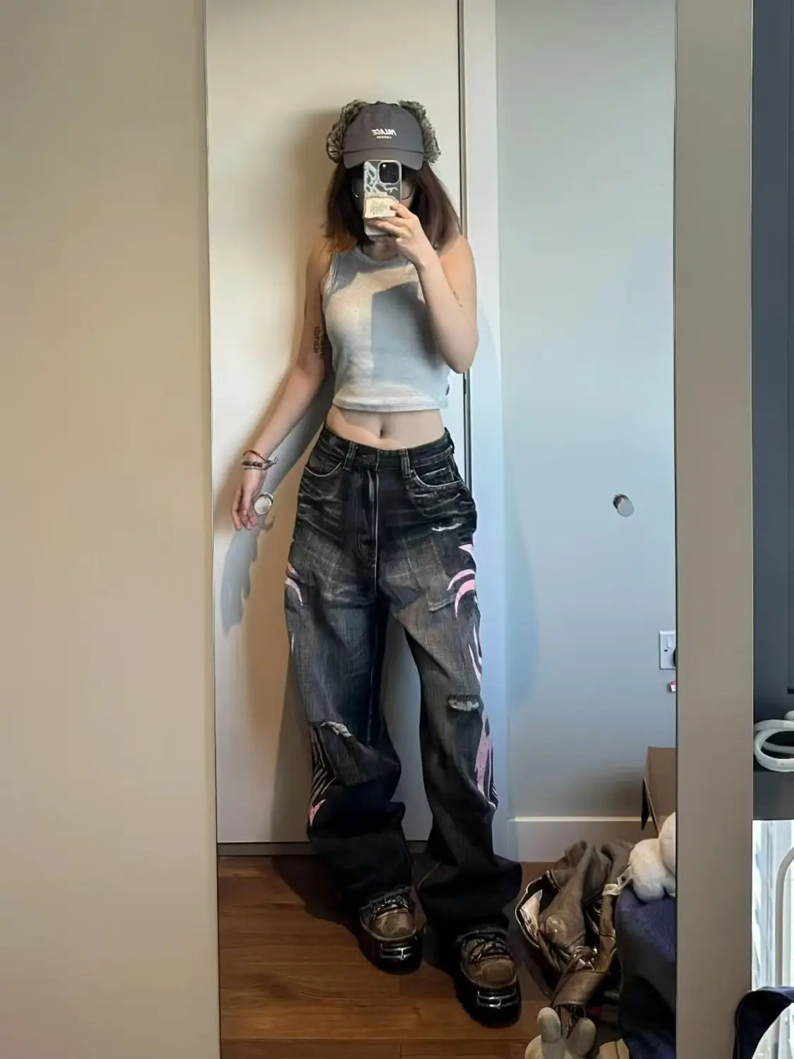 Y2K American Vintage Mottled Totem Print Baggy Jeans High Waist Wide Leg Harajuku Trendy Hiphop 250227