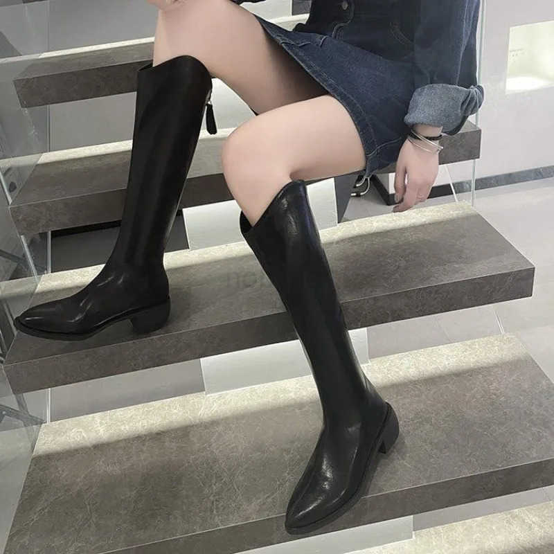 Middle Heel Knee High Shaft Shoes Wan Leather Brown Pointed Toe Long Boots for Wen Cfortable and Elegant New in Footwear Z250304