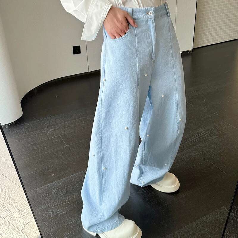 LUZHEN 2025 Stylish Plain Pearl Patchwork Design Casual Denim Pants Wide Leg Men's Street Baggy Trendy Straight Jeans New Lz3215