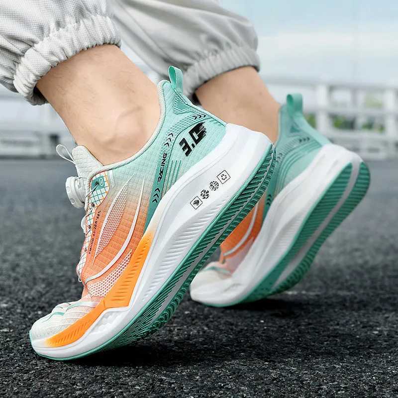 New mens mesh breathable running shoes rotating button carbon plate marathon running shoes mens ultra light casual sports shC250304