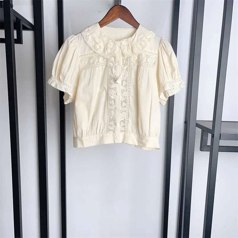 Women 2025 Spring And Summer Fresh Embroidered Lace Lapel Short Waist-Cinching Sweet Shirt
