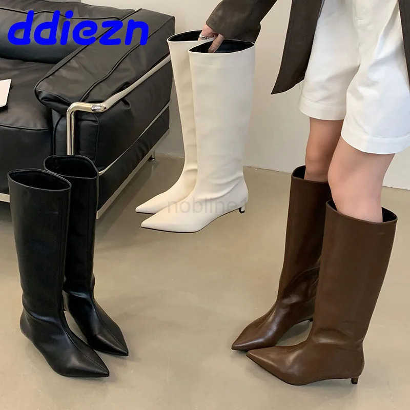 Fion Pointed Toe Wen Knee High Boots Fem Designer Slip On Shoes Ladies Long Modern Booties With Low Heel Shoes Z250304