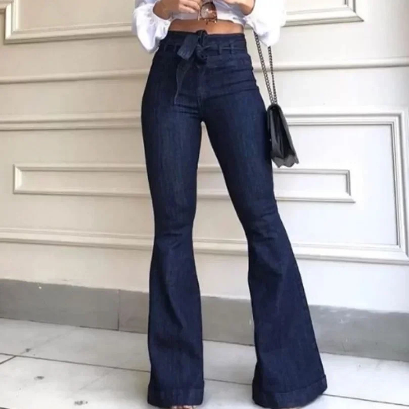Womens jeans solid color high waisted Flare Pants zipper Fly flat pocket streetwear ultrathin patch work button elastic band 250227