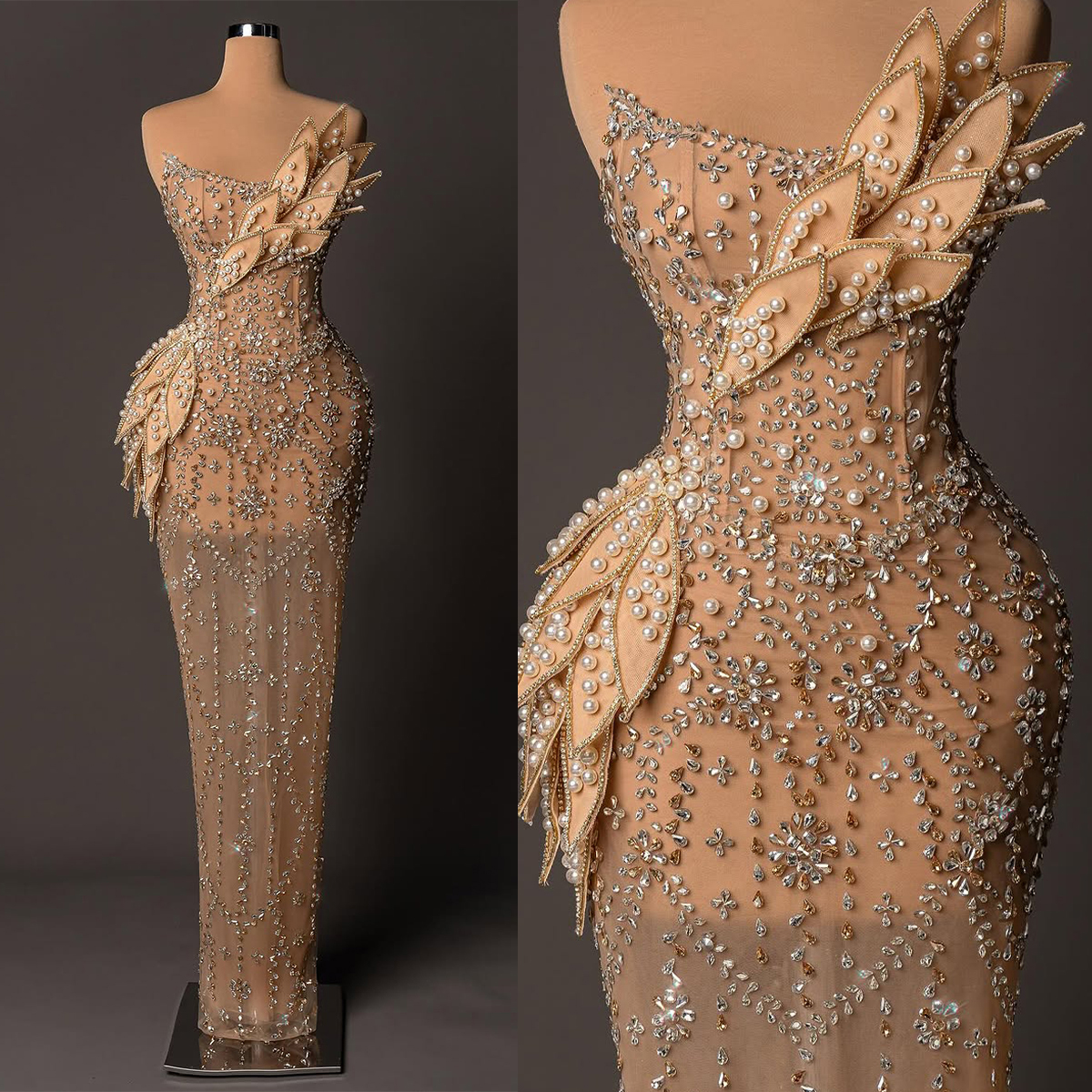 See Through Wedding Dresses Strapless Crystal Pearl Bridal Gowns Mermaid Rhinestone Sleeveless Customized Illusion Sweep Train Bride Dress Vestidos De