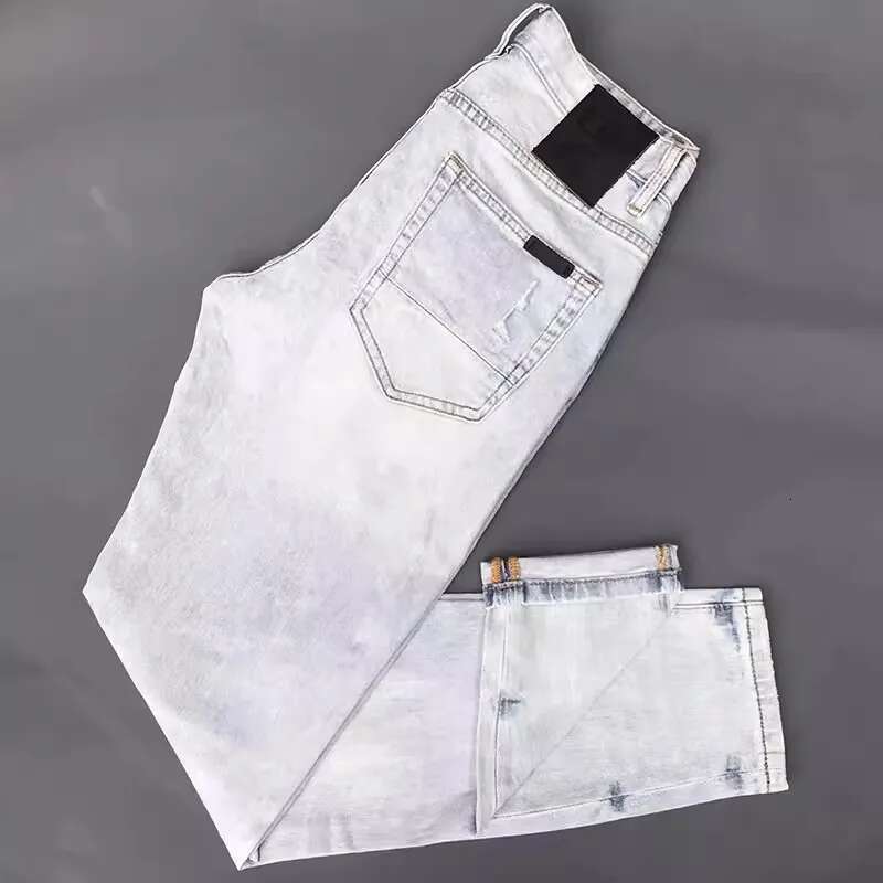Street Fashion Retro Light Blue Stretch Slim Fit Hip Hop Ripped Jeans Men Patched Designer Vintage Denim Pants Hombre