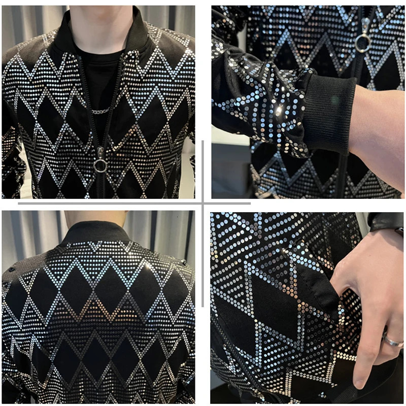 Mens shiny sequin windproof jacket bomber fashion streetwear hiphop lightweight gold disco gothic dance costume 250304