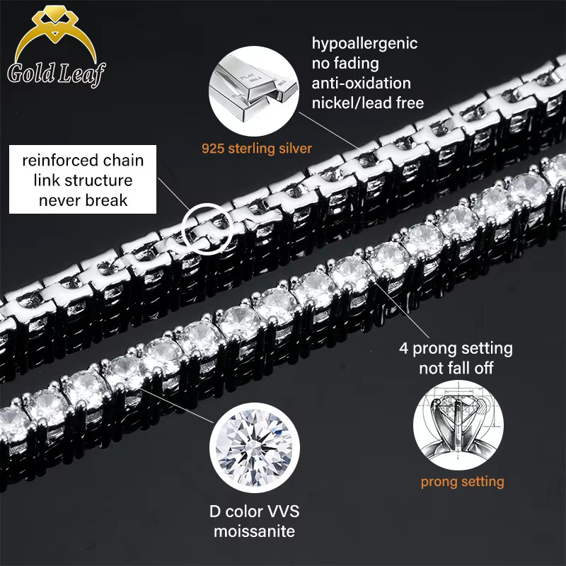 Goldleaf RTS Hip Hop Tennis Necklace Sterg Sier 3-5mm D Color VVS Dia k Moissanite Chain Men